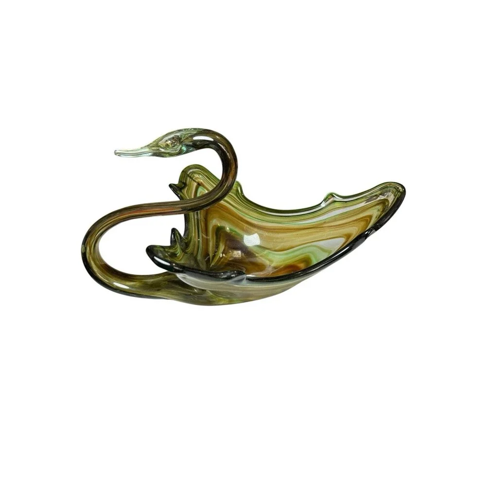 Vintage MCM Hand Blown Sooner Glass Swan Centerpiece Brown Green Swirl